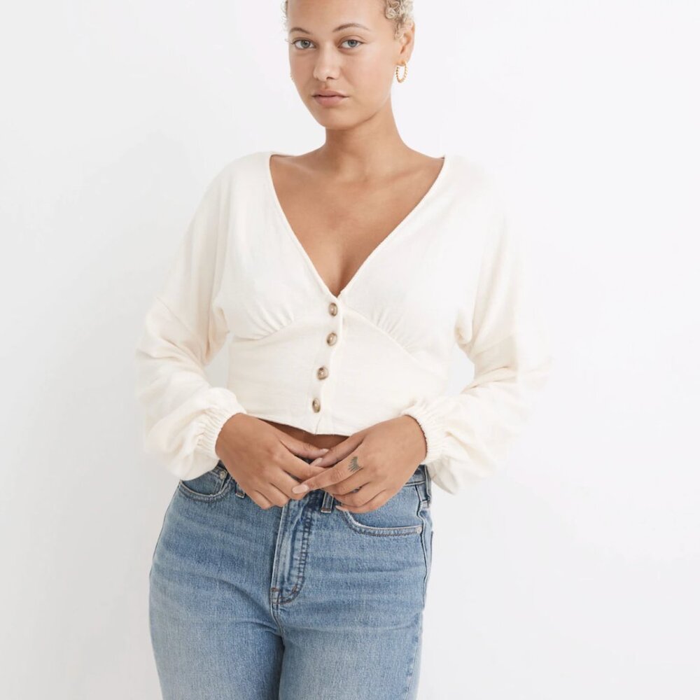 Model Deep-V Button-Front Crop Top in Antique Cream